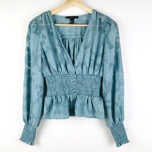 Forever 21 Green Long-Sleeve Smocked Waist Peplum Top Size Small